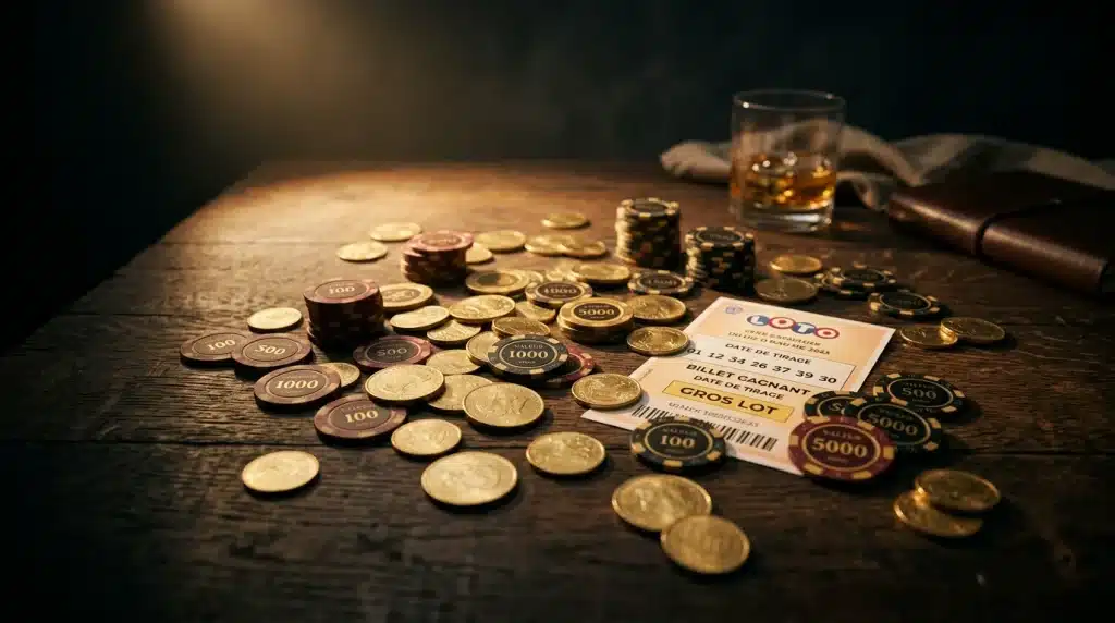 Pièces d'or, jetons de casino et billet de loterie évoquant un gros gain