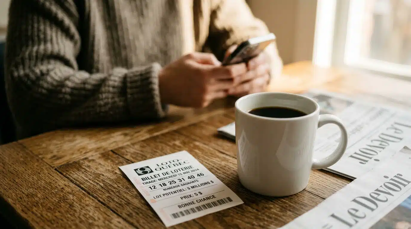 Billet de loterie posé sur une table avec une personne consultant son téléphone