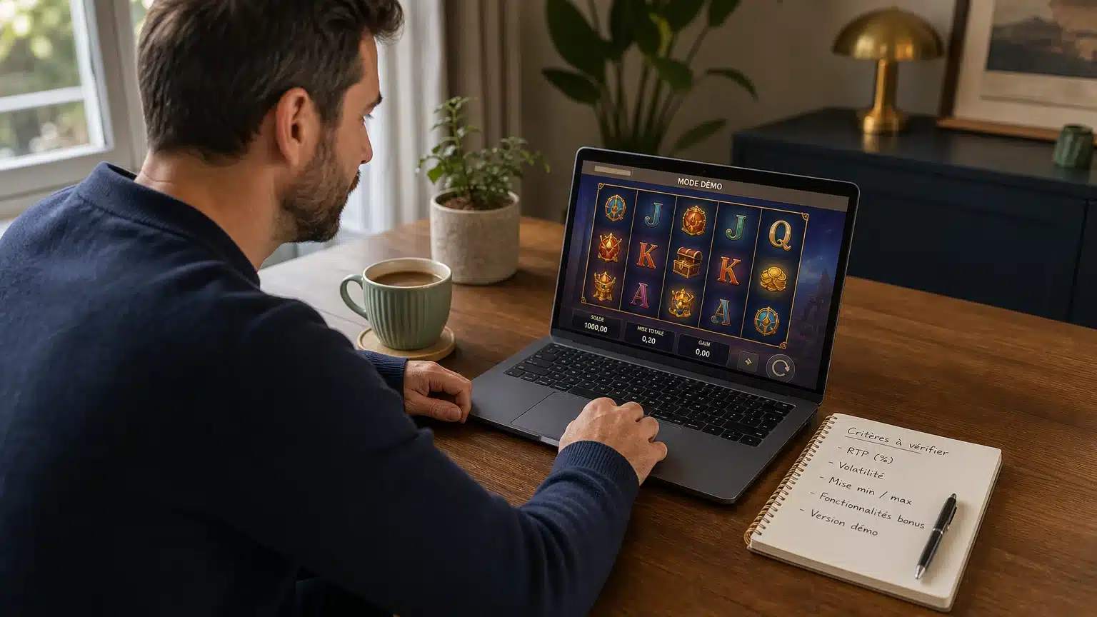 Personne testant une machine à sous gratuite en mode démo sur ordinateur