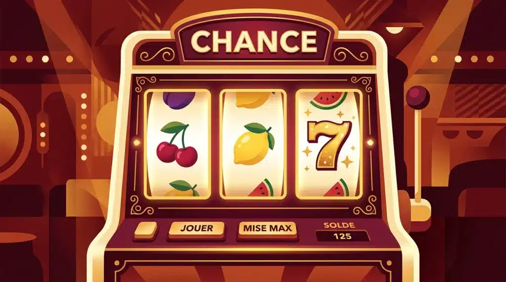 Illustration d'une machine à sous fruitée classique aux tons rouges et dorés