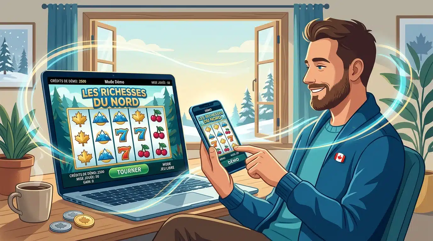 Personne jouant à une machine à sous gratuite en démonstration sur ordinateur et mobile