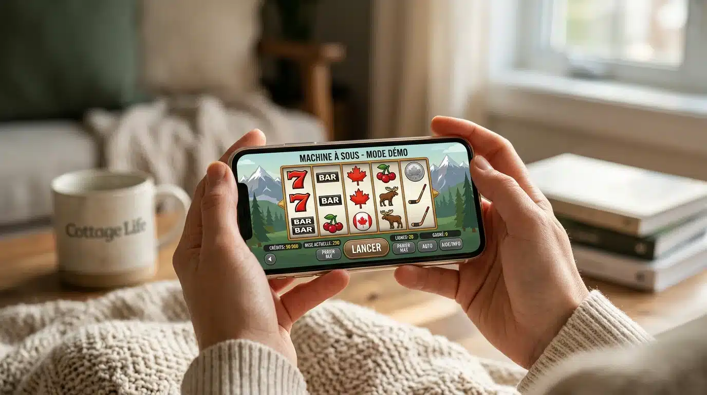 Mains tenant un smartphone affichant une machine à sous gratuite en démonstration