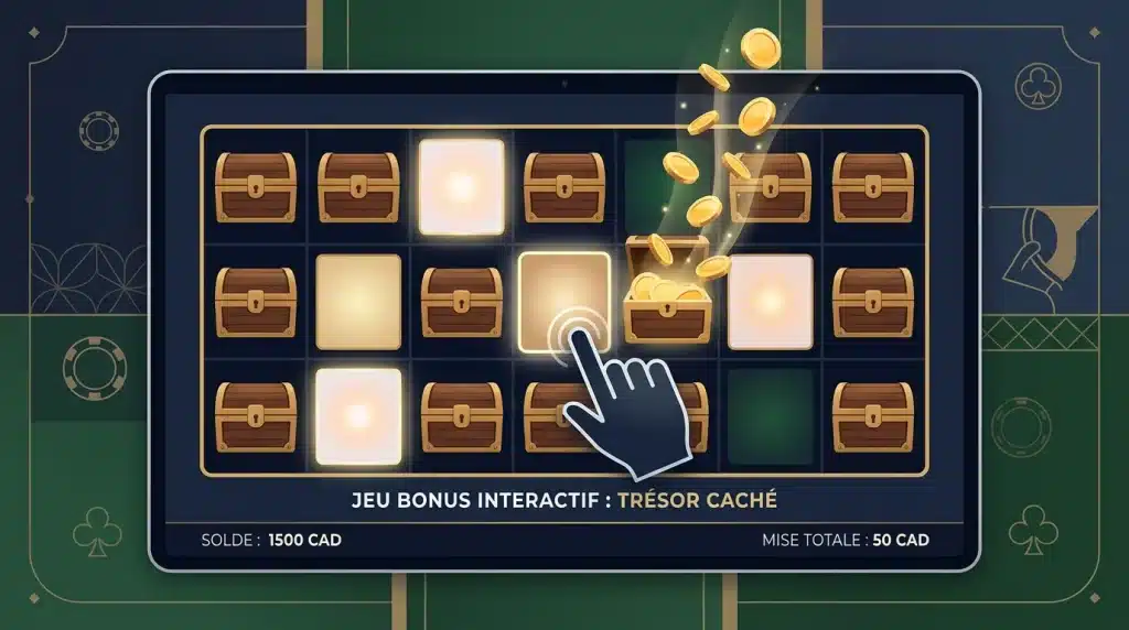 Machine à sous en ligne affichant la fonction Cliquez-moi avec des cases lumineuses à révéler