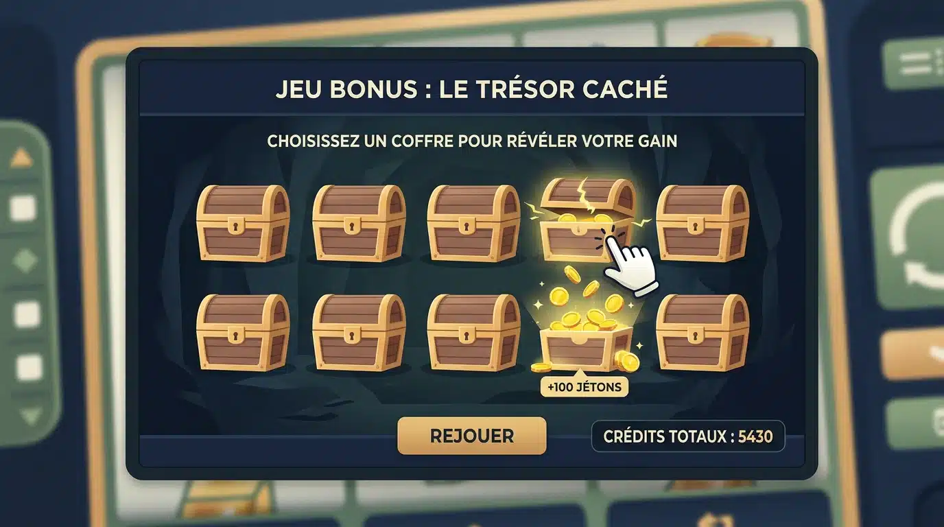 Écran de machine à sous illustrant le mini-jeu bonus Cliquez-moi avec des cases à révéler