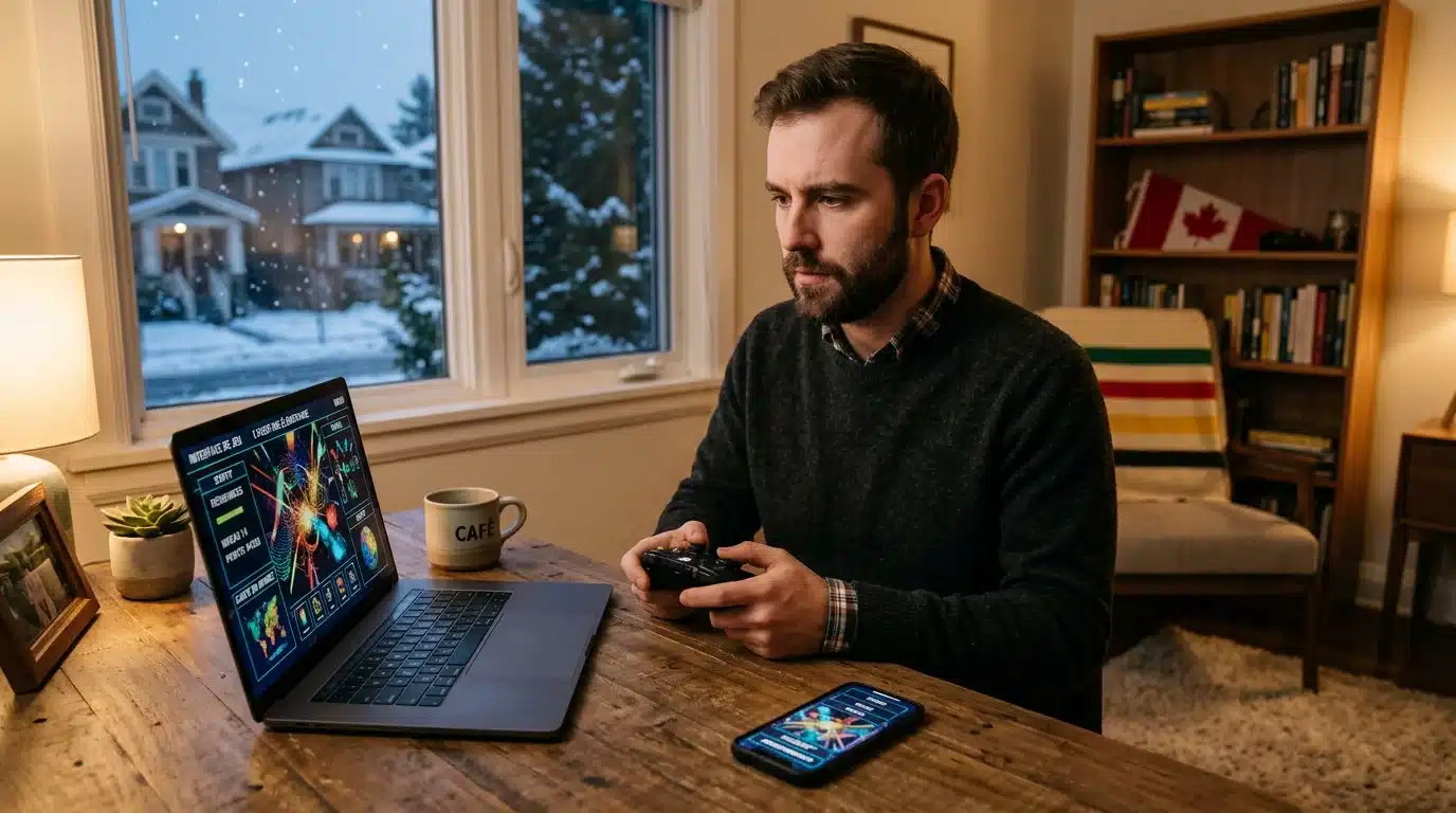 Joueur canadien consultant une machine à sous en ligne sur ordinateur et mobile