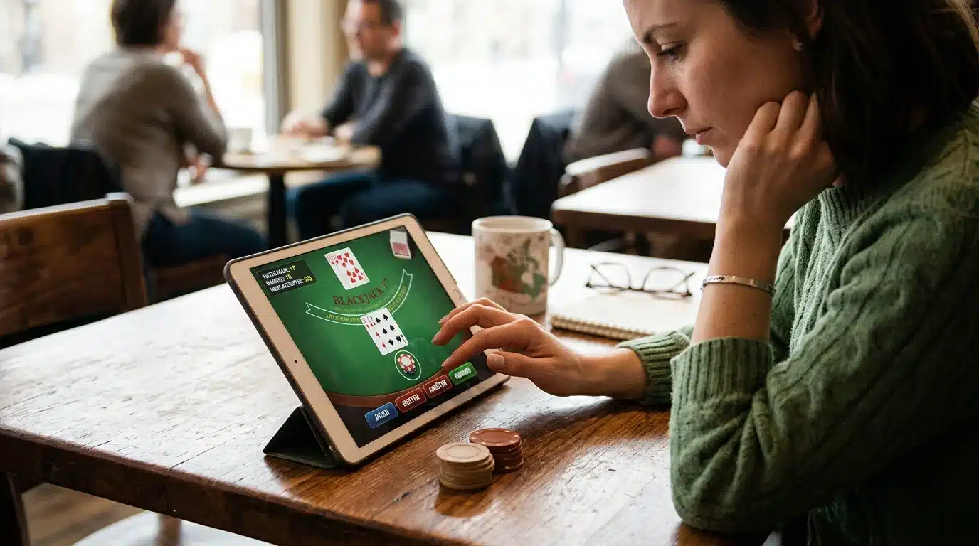 Personne s'entraînant au blackjack en démo sur une tablette