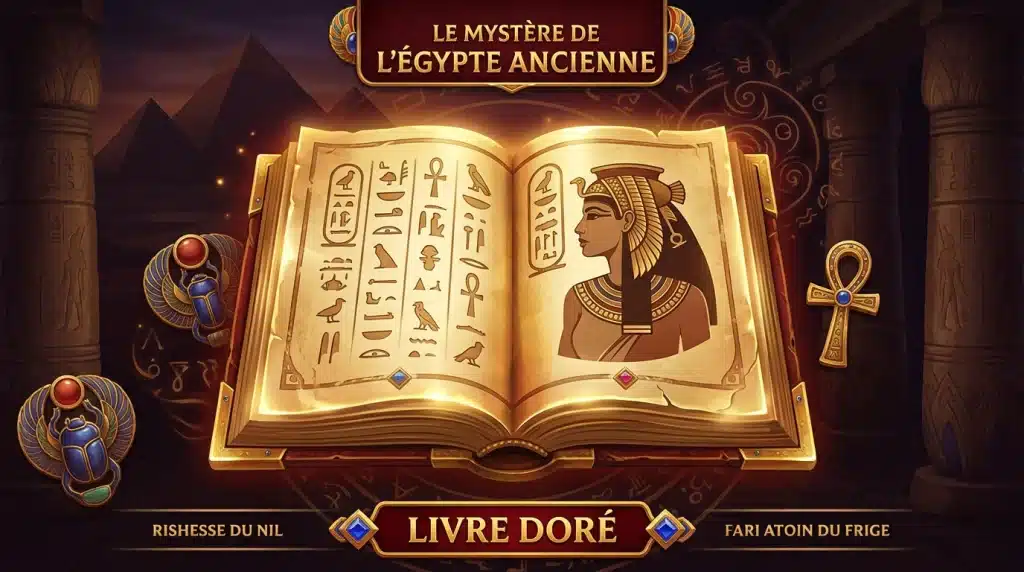 Livre doré et motifs égyptiens illustrant une machine à sous sur le thème de Cléopâtre