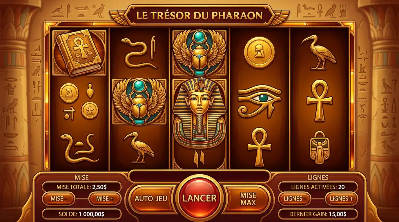Interface d'une machine à sous égyptienne avec rouleaux dorés et boutons de mise