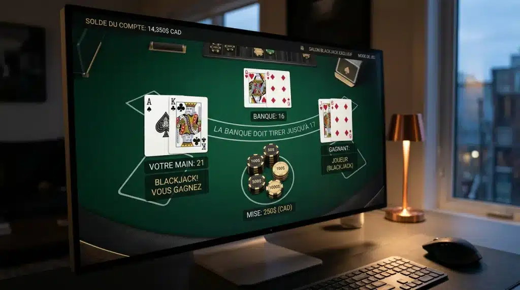 Table de blackjack en ligne avec un blackjack composé d'un As et d'une figure
