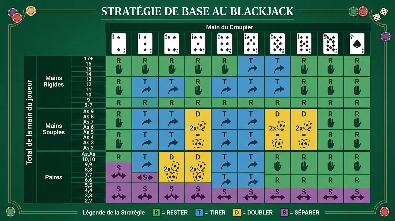 Grille de stratégie de base au blackjack avec cartes et décisions