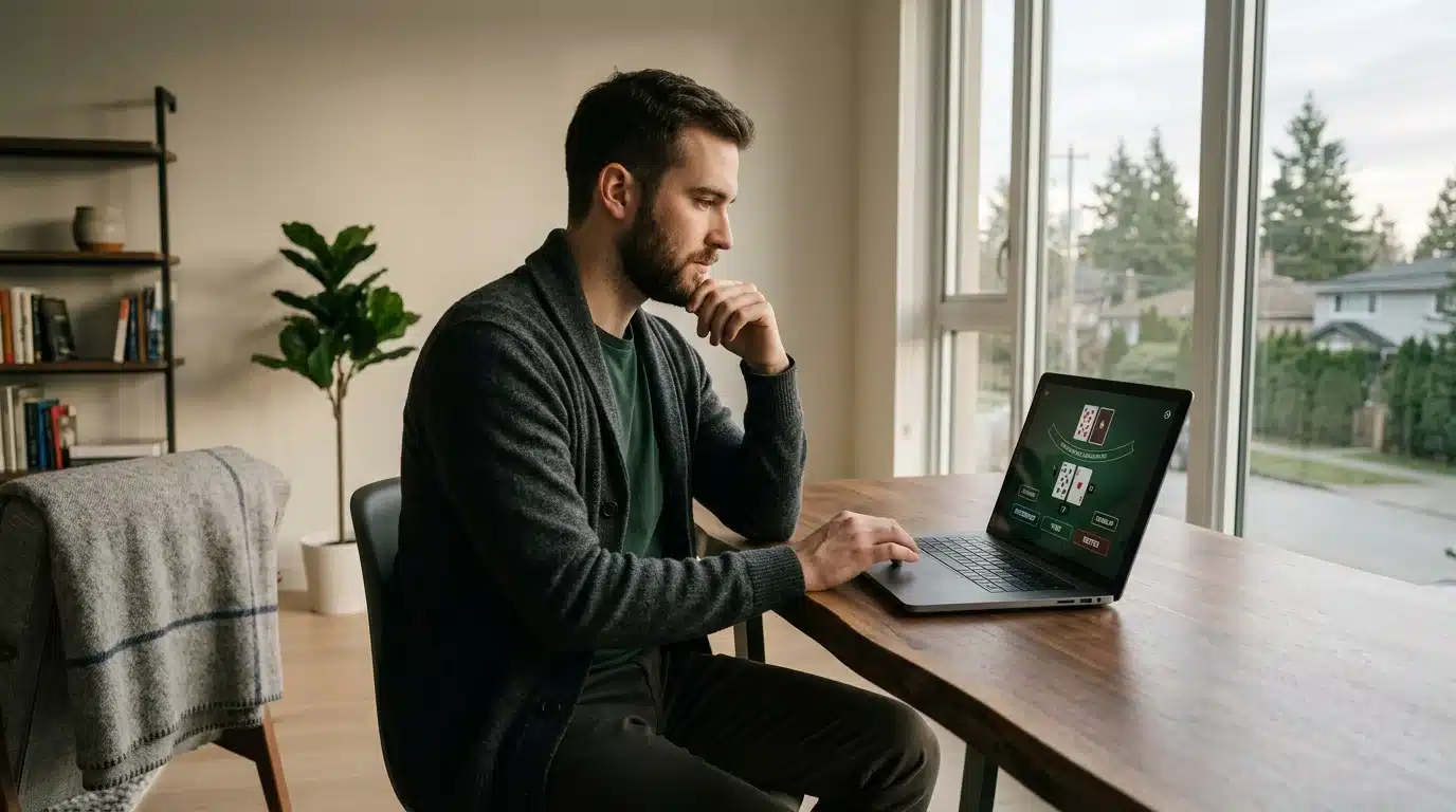 Joueur canadien jouant au blackjack en ligne sur un ordinateur portable