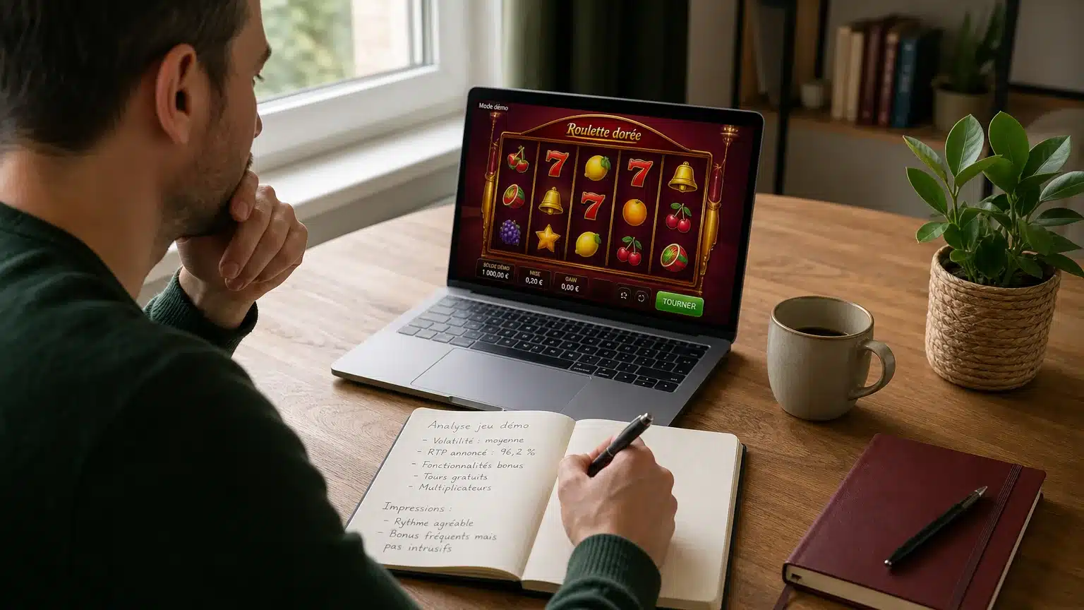 Joueur analysant une machine à sous en version démo