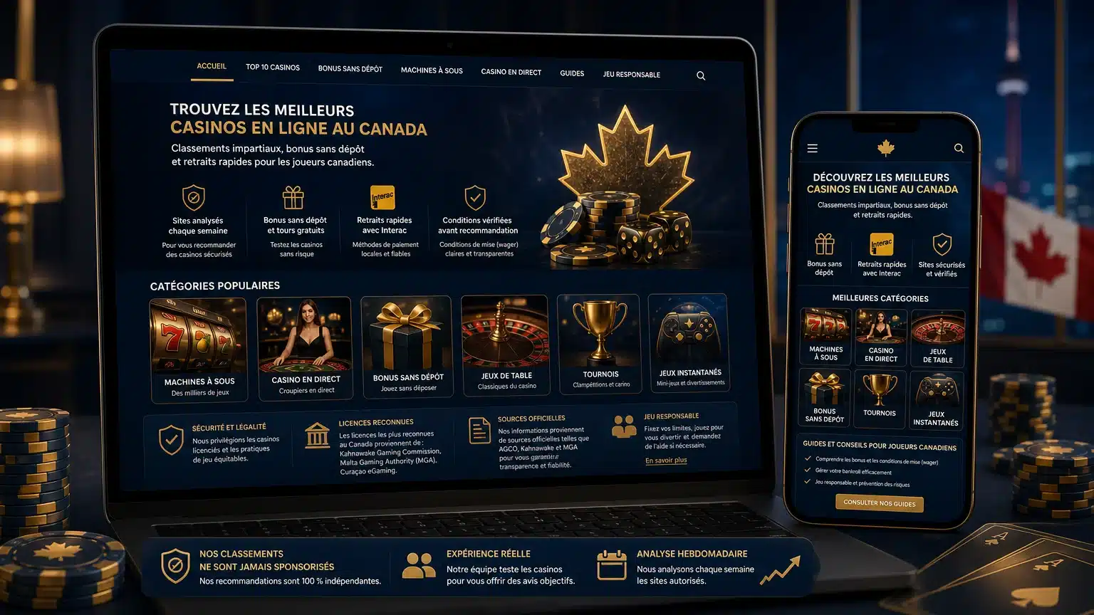 Interface de casino en ligne présentant des machines à sous et des jeux de table sur ordinateur et mobile