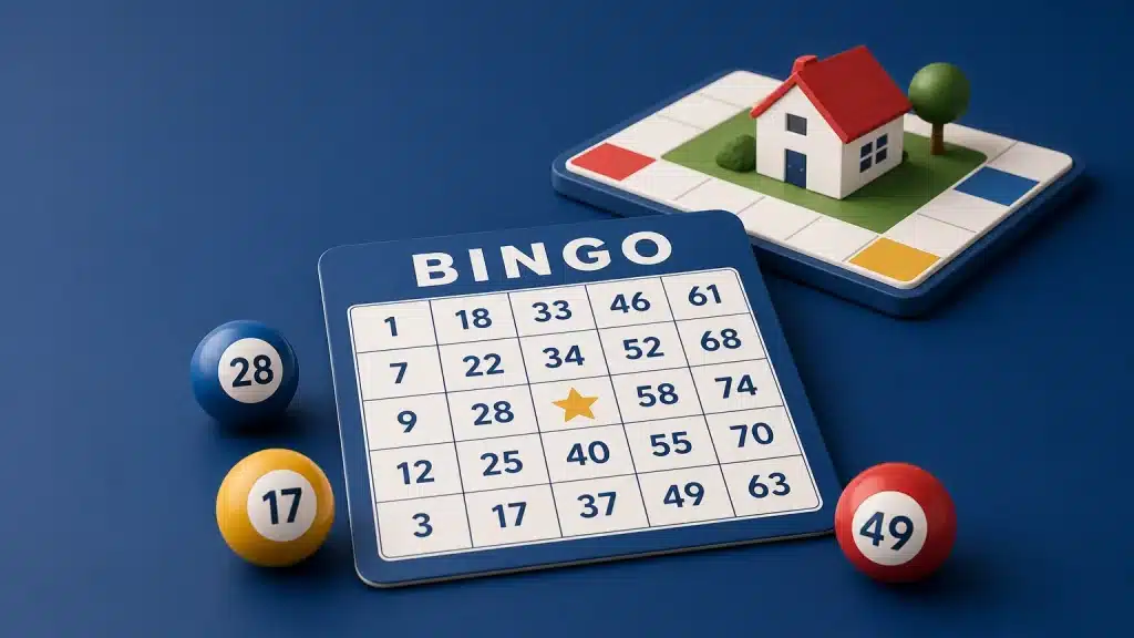 Illustration d’un jeu de bingo en direct avec cartes et boules numérotées