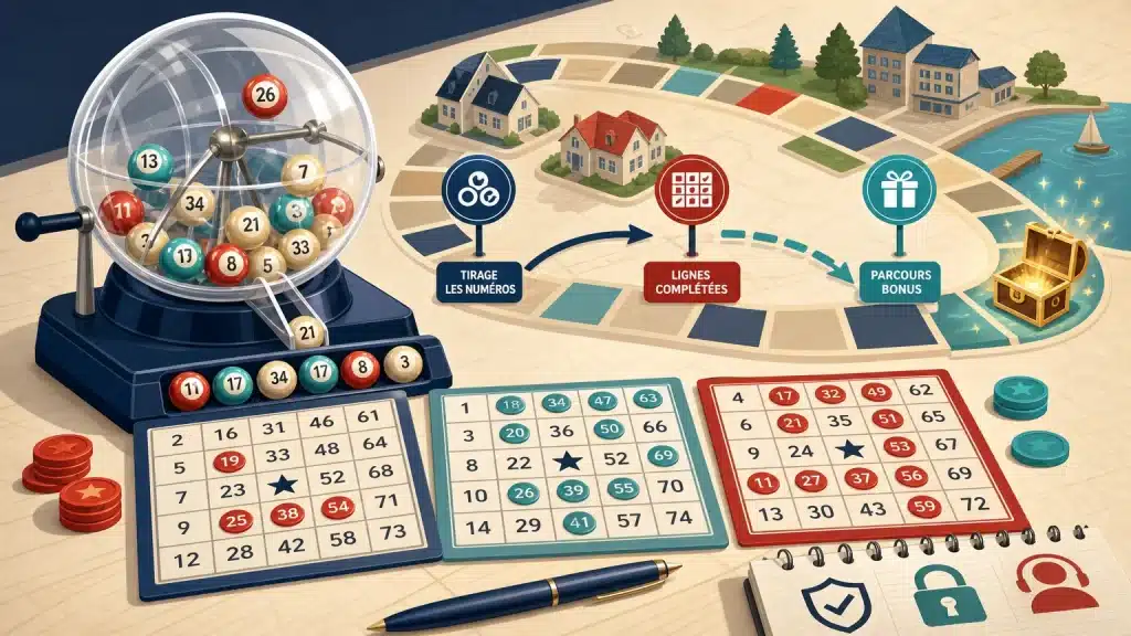 Illustration éditoriale d’un jeu de tirage en direct avec cartes et plateau bonus
