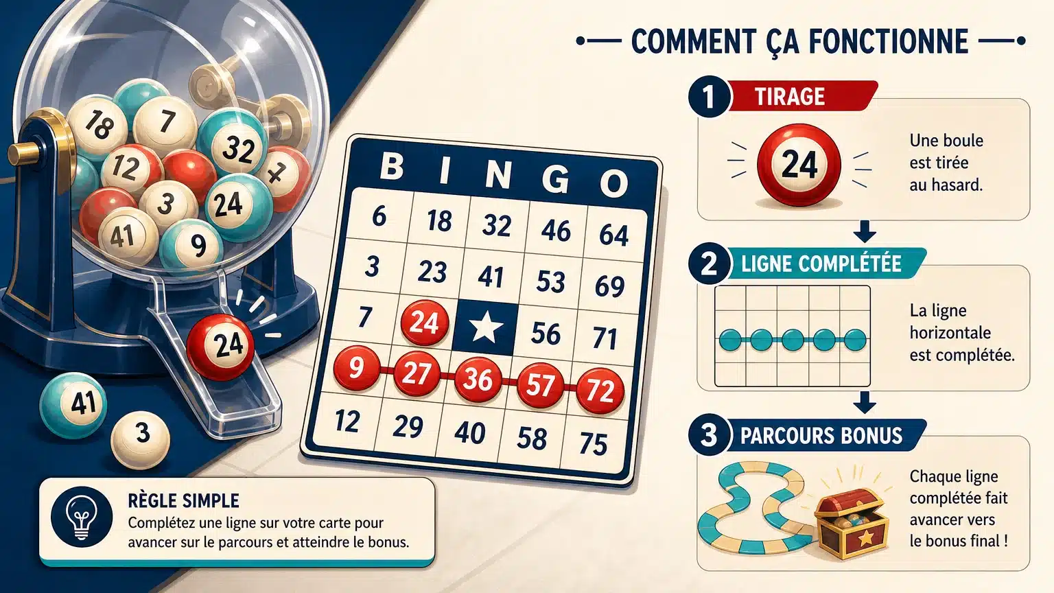 Illustration du tirage de boules, des cartes et du parcours bonus