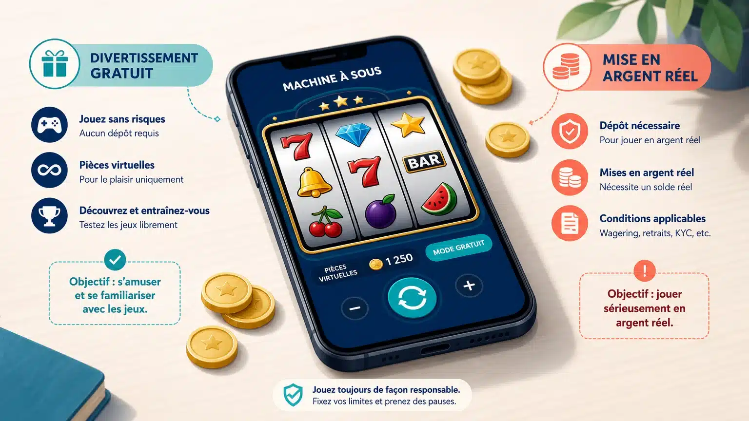 Illustration d’un jeu de machines à sous virtuelles avec des pièces sans valeur réelle