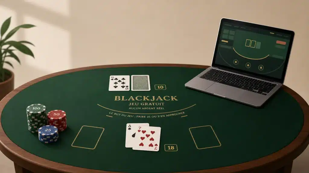 Illustration d’une table de blackjack gratuit avec cartes et jetons virtuels